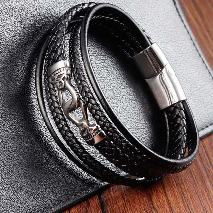 Buddha Stones Schwarzes Leder, geflochtenes Titanstahl-Armband mit doppelter Wicklung - image 3