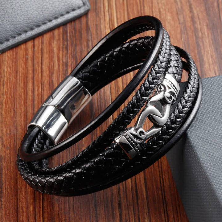 Buddha Stones Schwarzes Leder, geflochtenes Titanstahl-Armband mit doppelter Wicklung - image 2