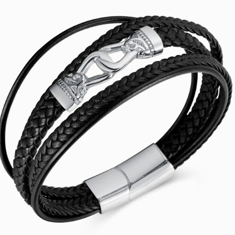 Buddha Stones Schwarzes Leder, geflochtenes Titanstahl-Armband mit doppelter Wicklung - image 7