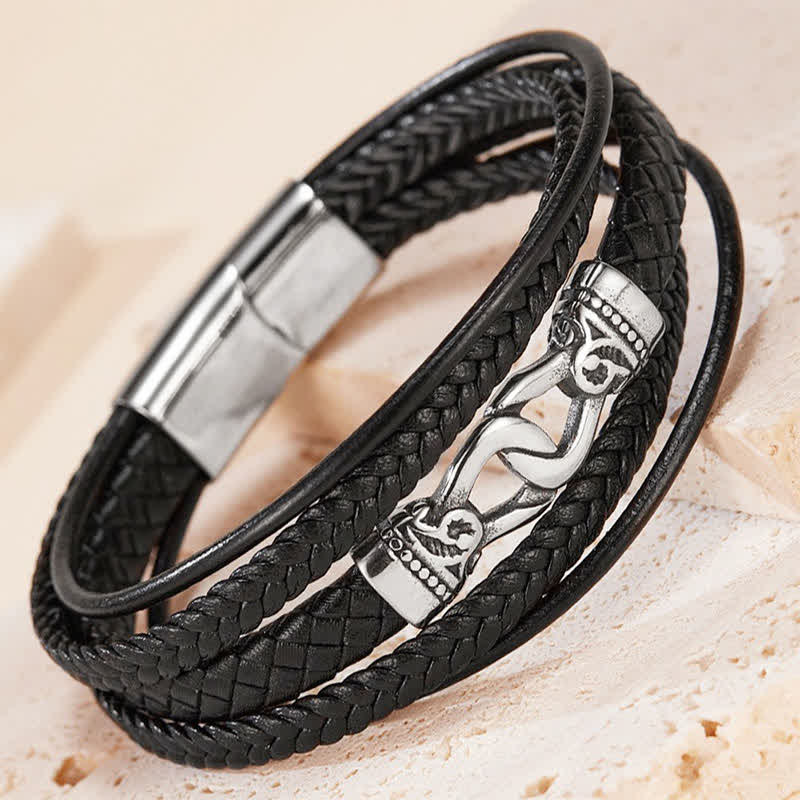 Buddha Stones Schwarzes Leder, geflochtenes Titanstahl-Armband mit doppelter Wicklung - image 1