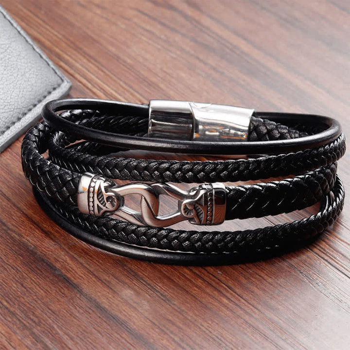 Buddha Stones Schwarzes Leder, geflochtenes Titanstahl-Armband mit doppelter Wicklung - image 4