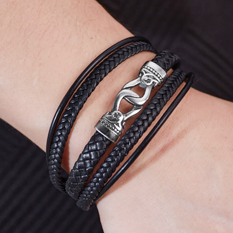 Buddha Stones Schwarzes Leder, geflochtenes Titanstahl-Armband mit doppelter Wicklung - image 6