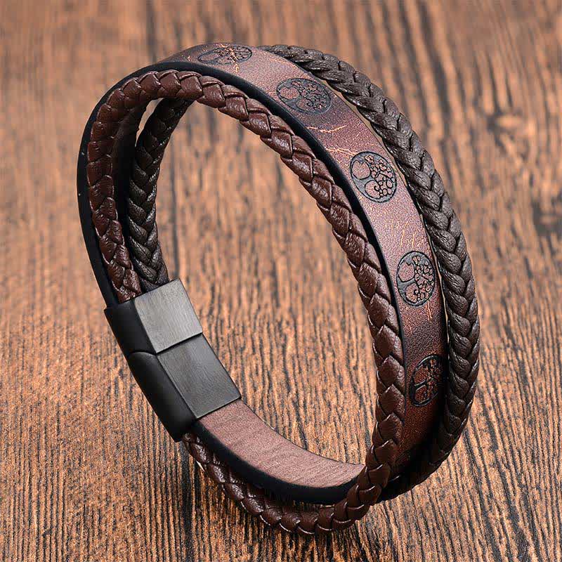 Buddha Stones Geflochtenes Leder-Titanstahl-Armband mit Lebensbaum-Motiv - Mehrschichtig - image 0