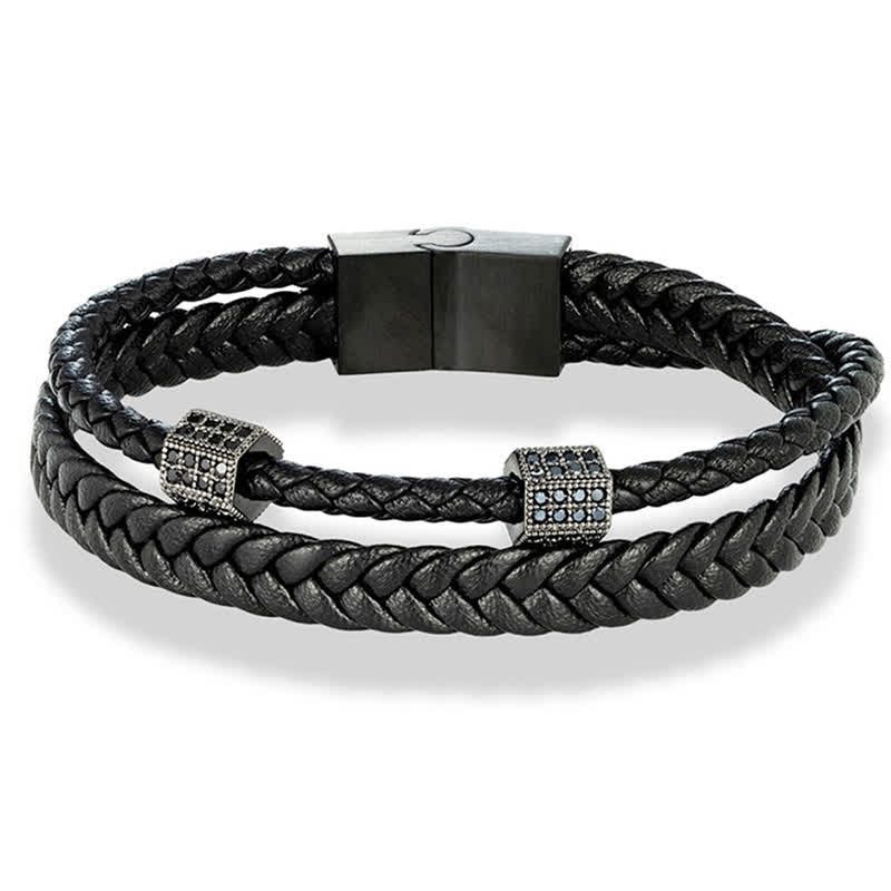 Buddha Stones Schwarzes Lederarmband, handgewebt, mit geflochtenem Titanstahl verstärkt, mehrfach gewickelt - image 3