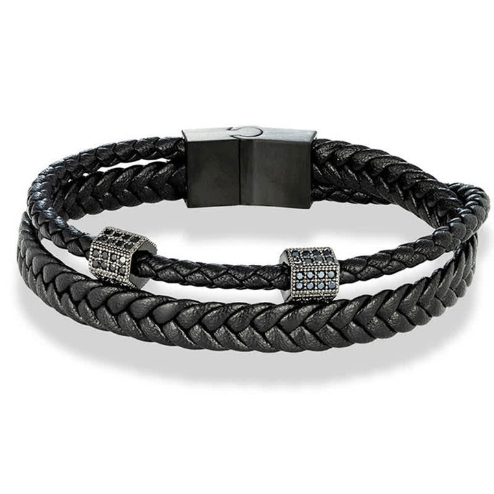 Buddha Stones Schwarzes Lederarmband, handgewebt, mit geflochtenem Titanstahl verstärkt, mehrfach gewickelt - image 3