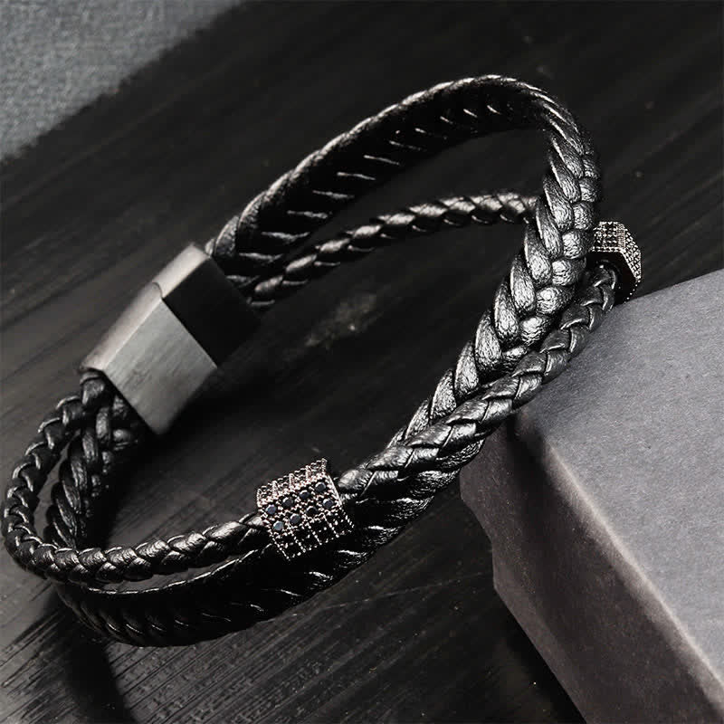 Buddha Stones Schwarzes Lederarmband, handgewebt, mit geflochtenem Titanstahl verstärkt, mehrfach gewickelt - Schwarz - image 1