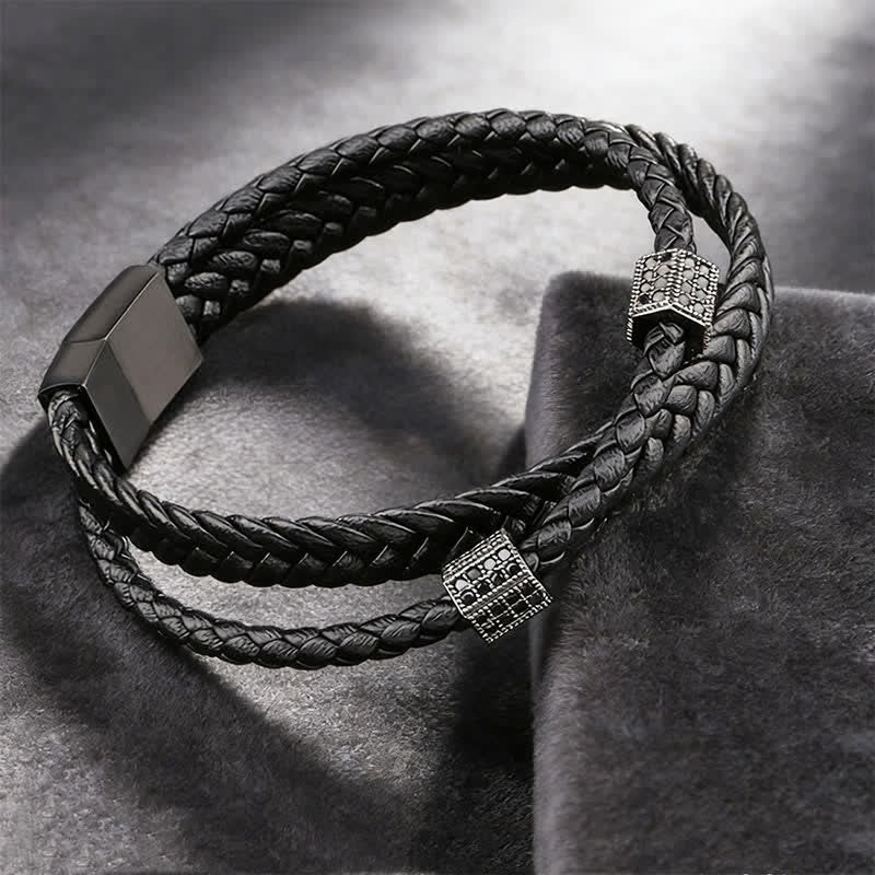 Buddha Stones Schwarzes Lederarmband, handgewebt, mit geflochtenem Titanstahl verstärkt, mehrfach gewickelt - image 0