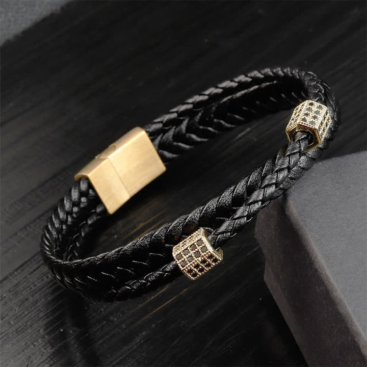 Buddha Stones Schwarzes Lederarmband, handgewebt, mit geflochtenem Titanstahl verstärkt, mehrfach gewickelt - Gold - image 7