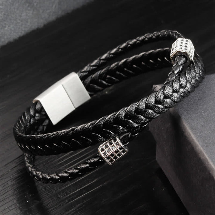 Buddha Stones Schwarzes Lederarmband, handgewebt, mit geflochtenem Titanstahl verstärkt, mehrfach gewickelt - Stahl - image 6