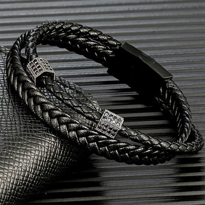 Buddha Stones Schwarzes Lederarmband, handgewebt, mit geflochtenem Titanstahl verstärkt, mehrfach gewickelt - image 2