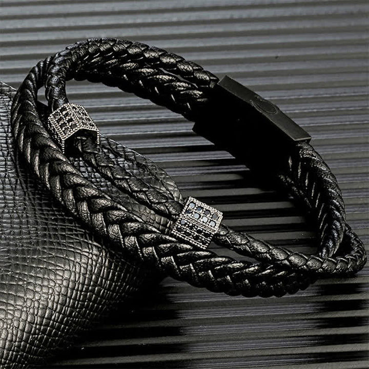 Buddha Stones Schwarzes Lederarmband, handgewebt, mit geflochtenem Titanstahl verstärkt, mehrfach gewickelt - image 2