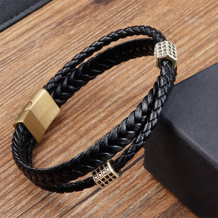Buddha Stones Schwarzes Lederarmband, handgewebt, mit geflochtenem Titanstahl verstärkt, mehrfach gewickelt - image 8