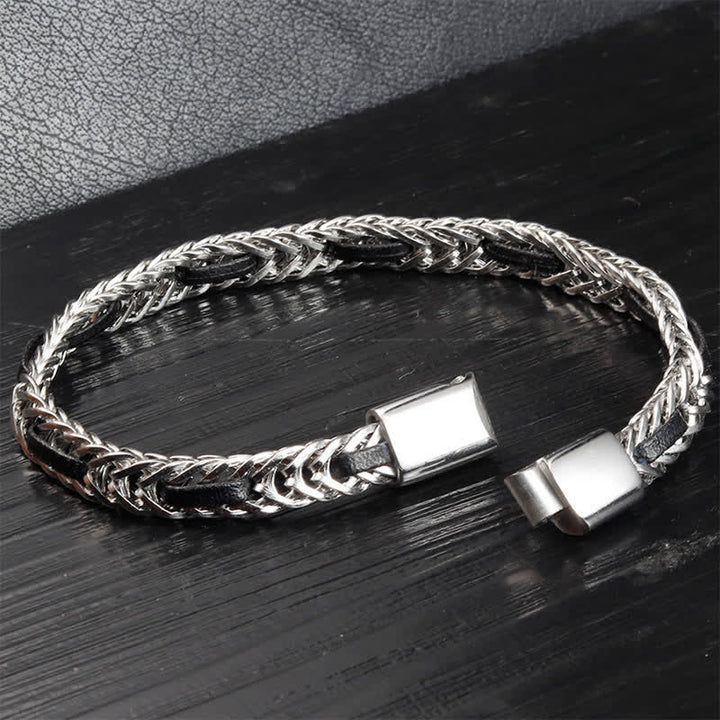 Buddha Stones Schwarzes Lederarmband mit geflochtenem Titanstahl-Doppelschichtarmband - image 3
