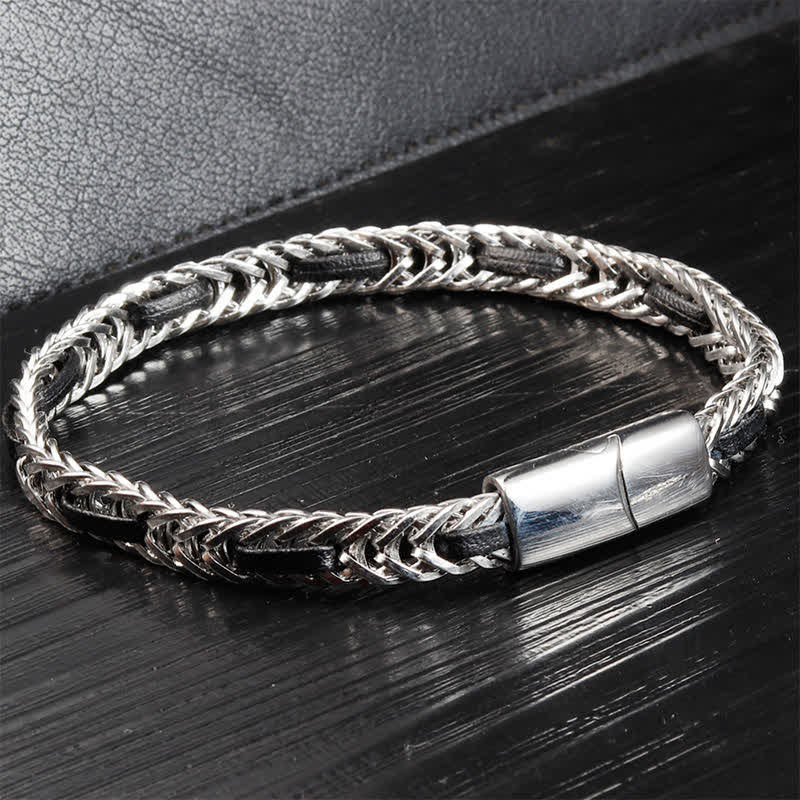 Buddha Stones Schwarzes Lederarmband mit geflochtenem Titanstahl-Doppelschichtarmband - image 1