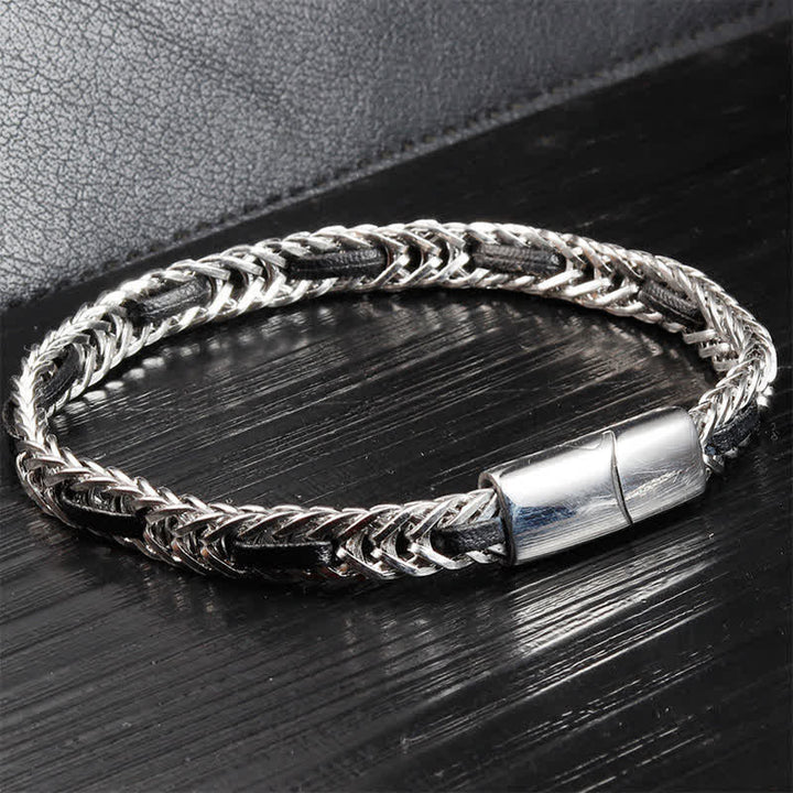 Buddha Stones Schwarzes Lederarmband mit geflochtenem Titanstahl-Doppelschichtarmband - image 1