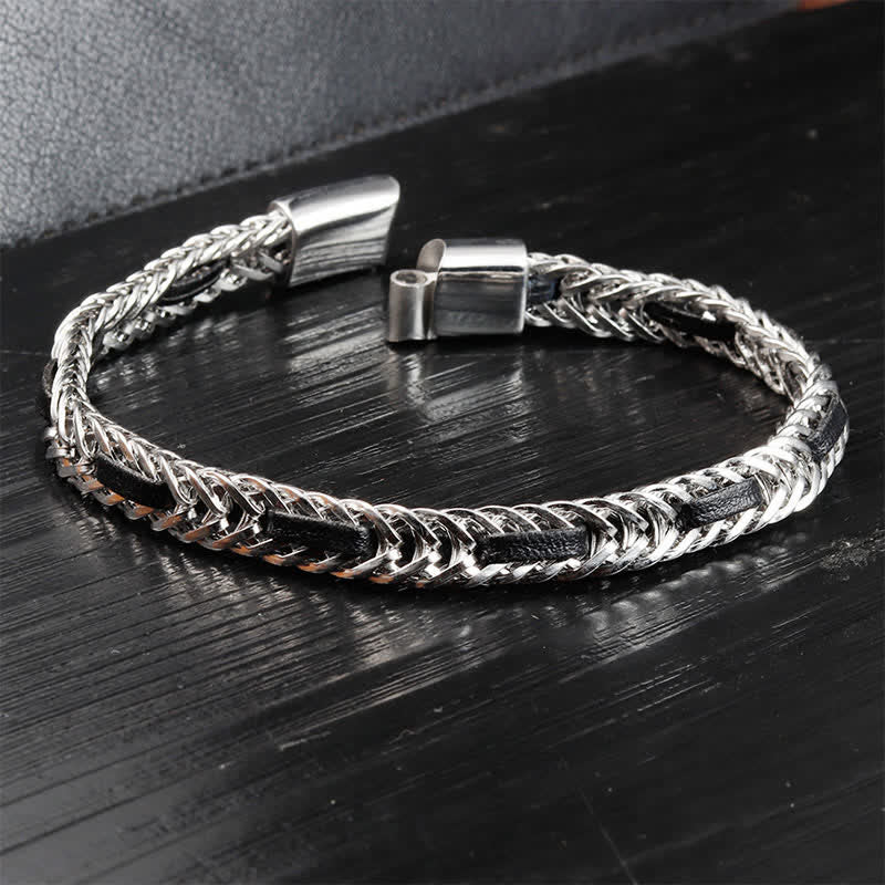 Buddha Stones Schwarzes Lederarmband mit geflochtenem Titanstahl-Doppelschichtarmband - image 6