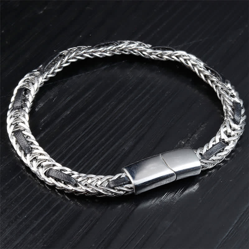 Buddha Stones Schwarzes Lederarmband mit geflochtenem Titanstahl-Doppelschichtarmband - image 2