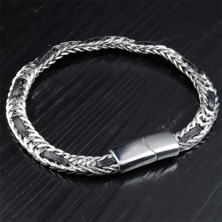 Buddha Stones Schwarzes Lederarmband mit geflochtenem Titanstahl-Doppelschichtarmband - image 2