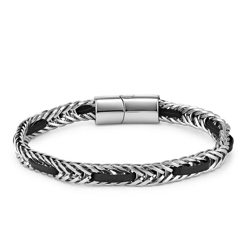 Buddha Stones Schwarzes Lederarmband mit geflochtenem Titanstahl-Doppelschichtarmband - image 7