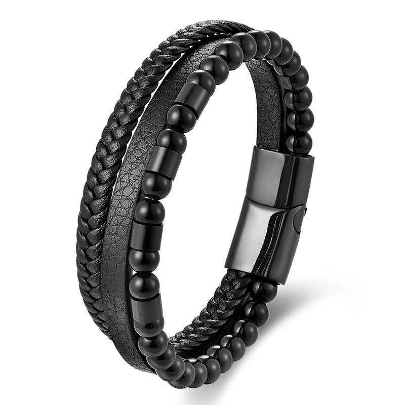 Buddha Stones Schwarzes, robustes, geflochtenes Doppellagenarmband aus Leder - Schwarz - image 0