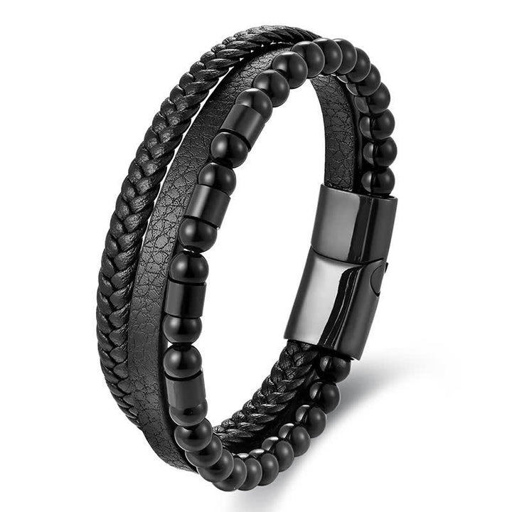 Buddha Stones Schwarzes, robustes, geflochtenes Doppellagenarmband aus Leder - Schwarz - image 0