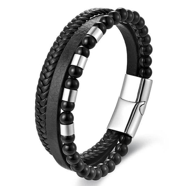 Buddha Stones Schwarzes, robustes, geflochtenes Doppellagenarmband aus Leder - Stahl - image 7