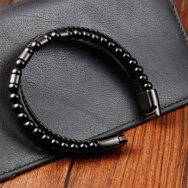 Buddha Stones Schwarzes, robustes, geflochtenes Doppellagenarmband aus Leder - image 6