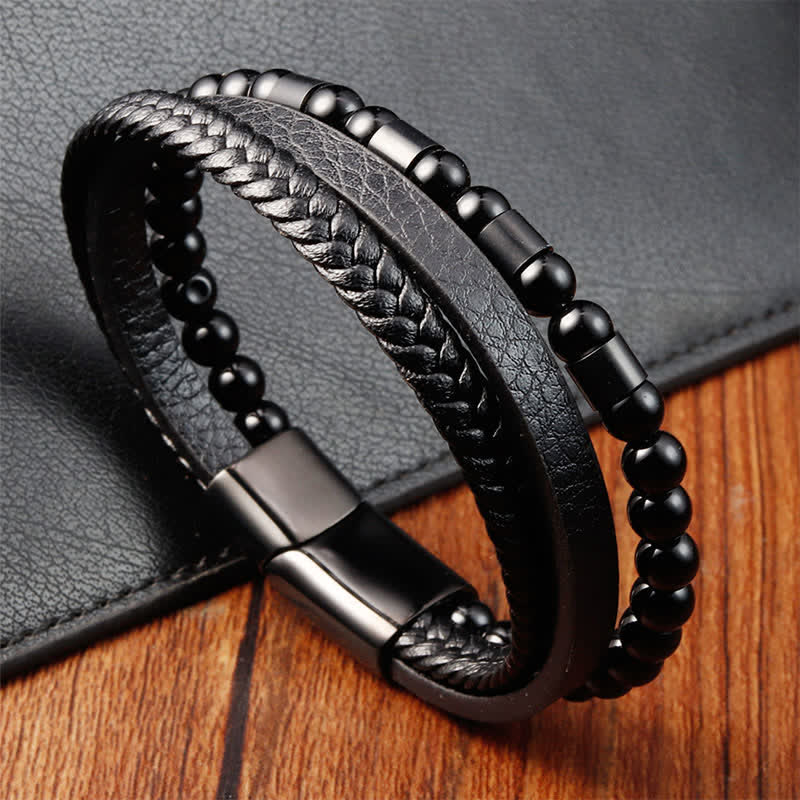 Buddha Stones Schwarzes, robustes, geflochtenes Doppellagenarmband aus Leder - image 2