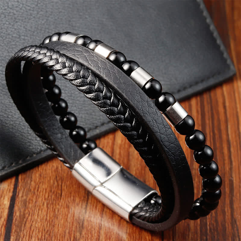 Buddha Stones Schwarzes, robustes, geflochtenes Doppellagenarmband aus Leder - image 9