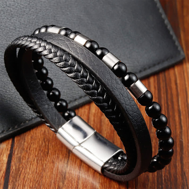 Buddha Stones Schwarzes, robustes, geflochtenes Doppellagenarmband aus Leder - image 9
