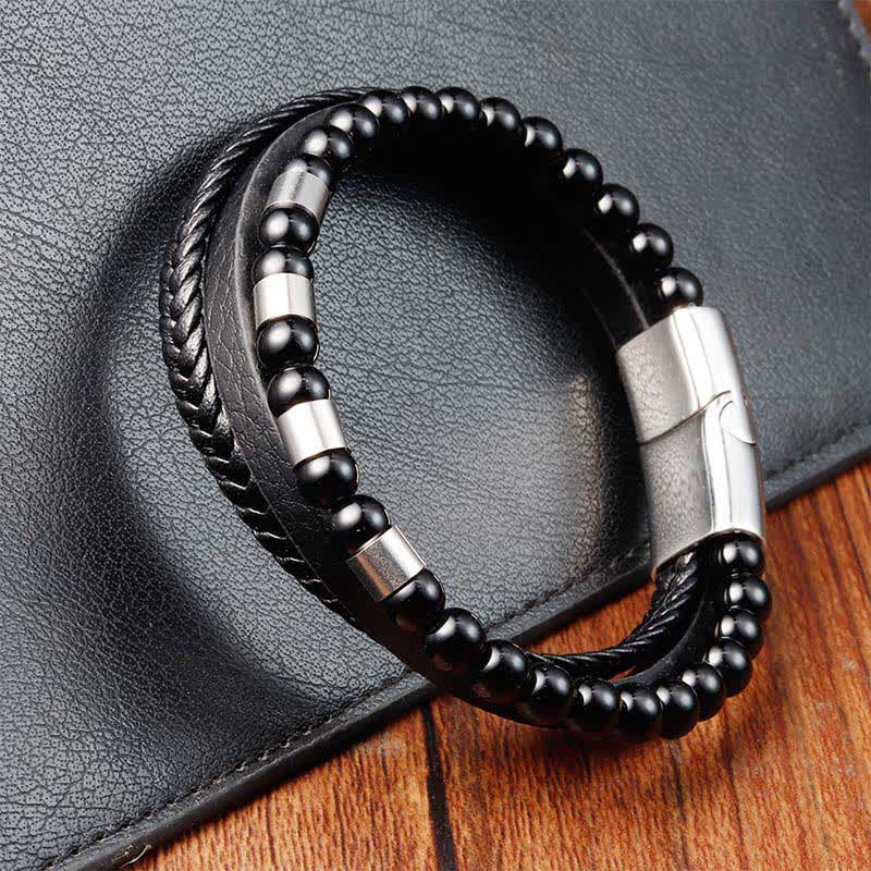 Buddha Stones Schwarzes, robustes, geflochtenes Doppellagenarmband aus Leder - image 10