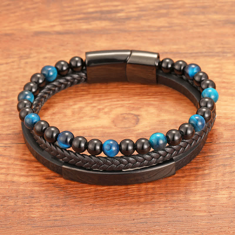 Buddha Stones Geflochtenes Lederarmband mit Tigerauge-Motiv, mehrlagig - image 1