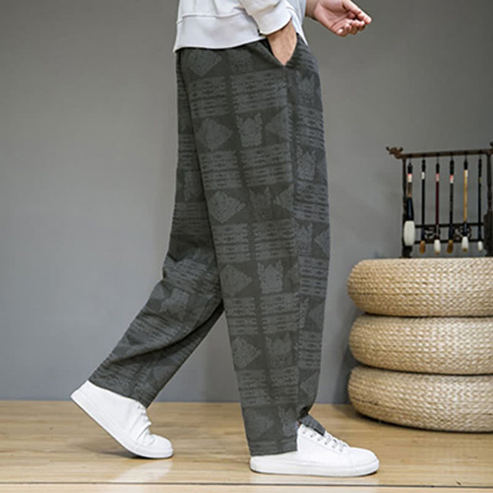 Buddha Stones Lässige lange Herrenhose im Vintage-Stil mit geometrischem Muster für Frühling und Sommer, gerades Bein und Taschen - image 3
