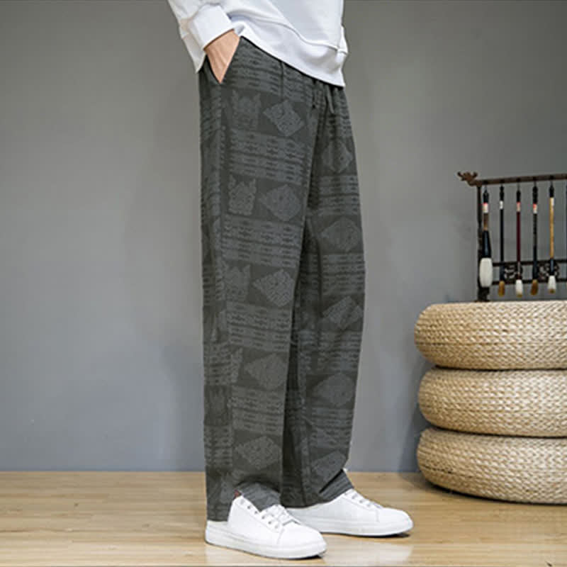 Buddha Stones Lässige lange Herrenhose im Vintage-Stil mit geometrischem Muster für Frühling und Sommer, gerades Bein und Taschen - image 4