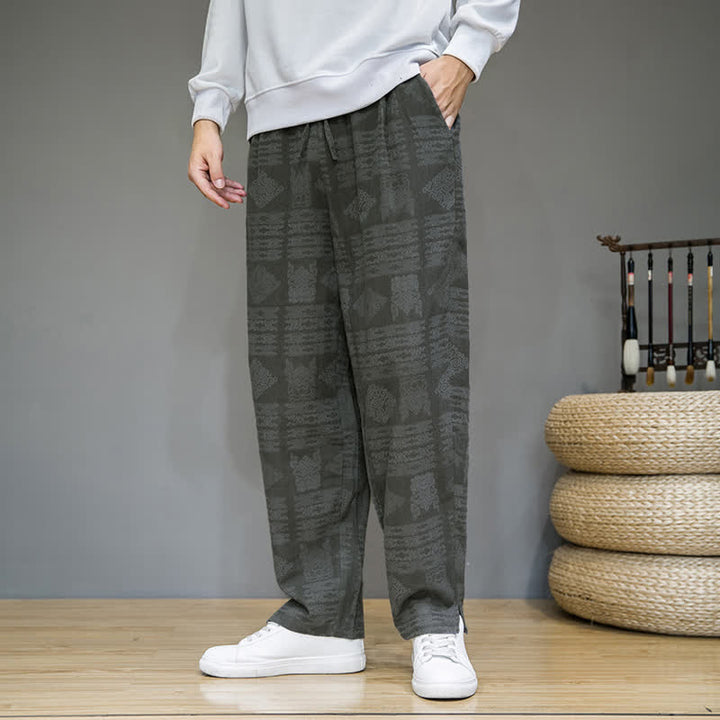 Buddha Stones Lässige lange Herrenhose im Vintage-Stil mit geometrischem Muster für Frühling und Sommer, gerades Bein und Taschen - image 2