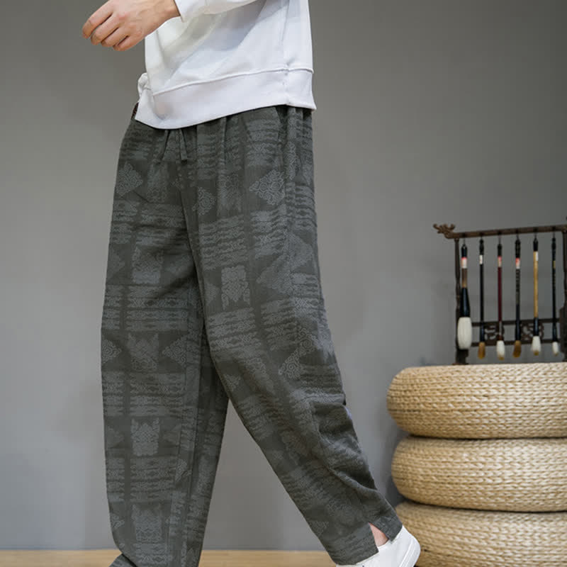 Buddha Stones Lässige lange Herrenhose im Vintage-Stil mit geometrischem Muster für Frühling und Sommer, gerades Bein und Taschen - Grau - US/UK/AU44, EU54 (4XL) - image 0