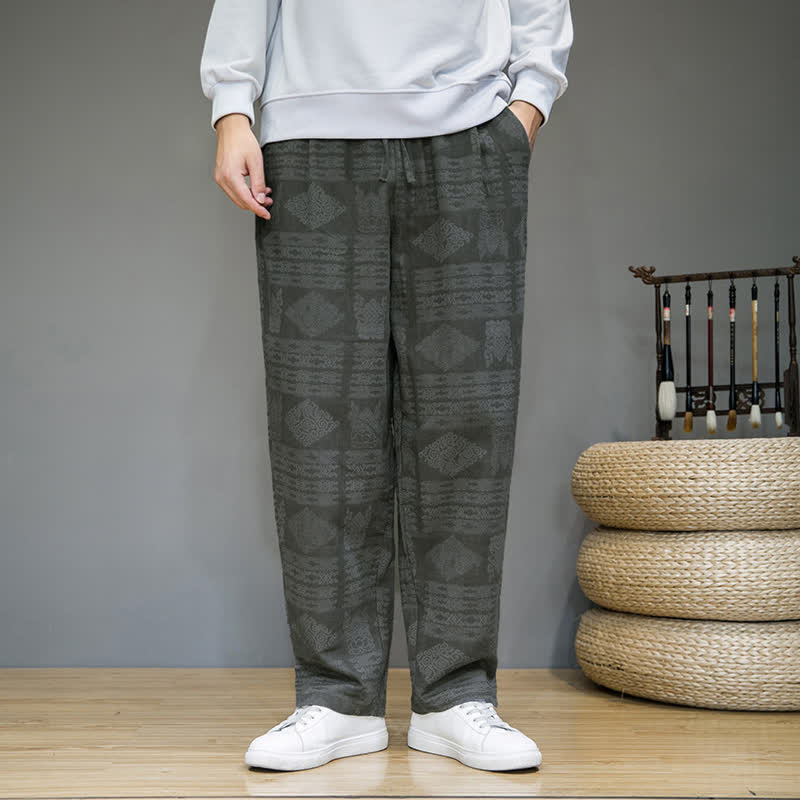 Buddha Stones Lässige lange Herrenhose im Vintage-Stil mit geometrischem Muster für Frühling und Sommer, gerades Bein und Taschen - image 1