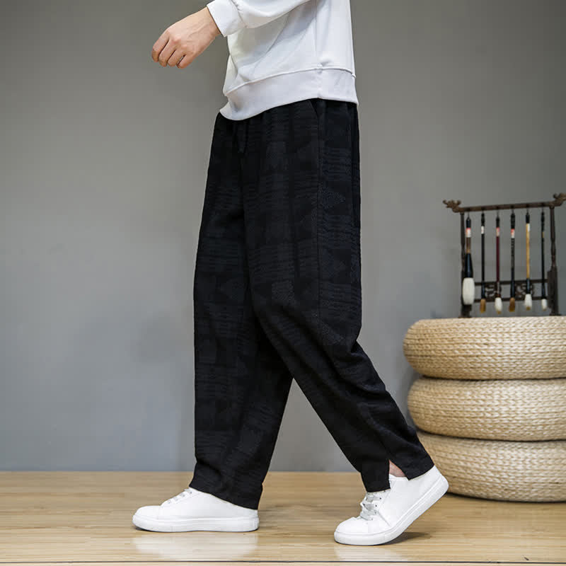 Buddha Stones Lässige lange Herrenhose im Vintage-Stil mit geometrischem Muster für Frühling und Sommer, gerades Bein und Taschen - Schwarz - US/UK/AU44, EU54 (4XL) - image 9