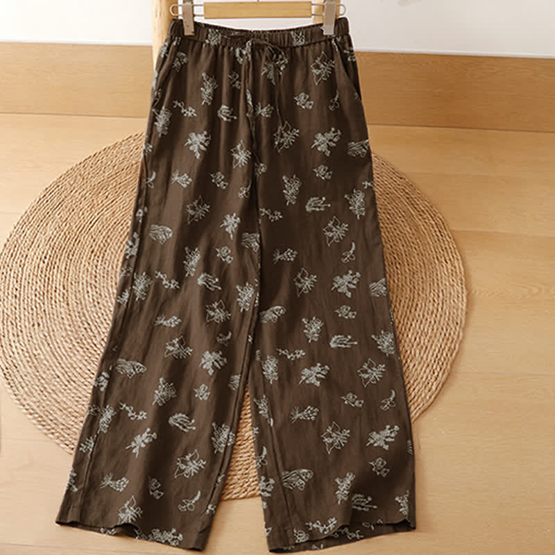Buddha Stones Lässige Vintage-Sommerhose mit Blumenmuster, Kordelzug, weites Bein und Tasche - image 2
