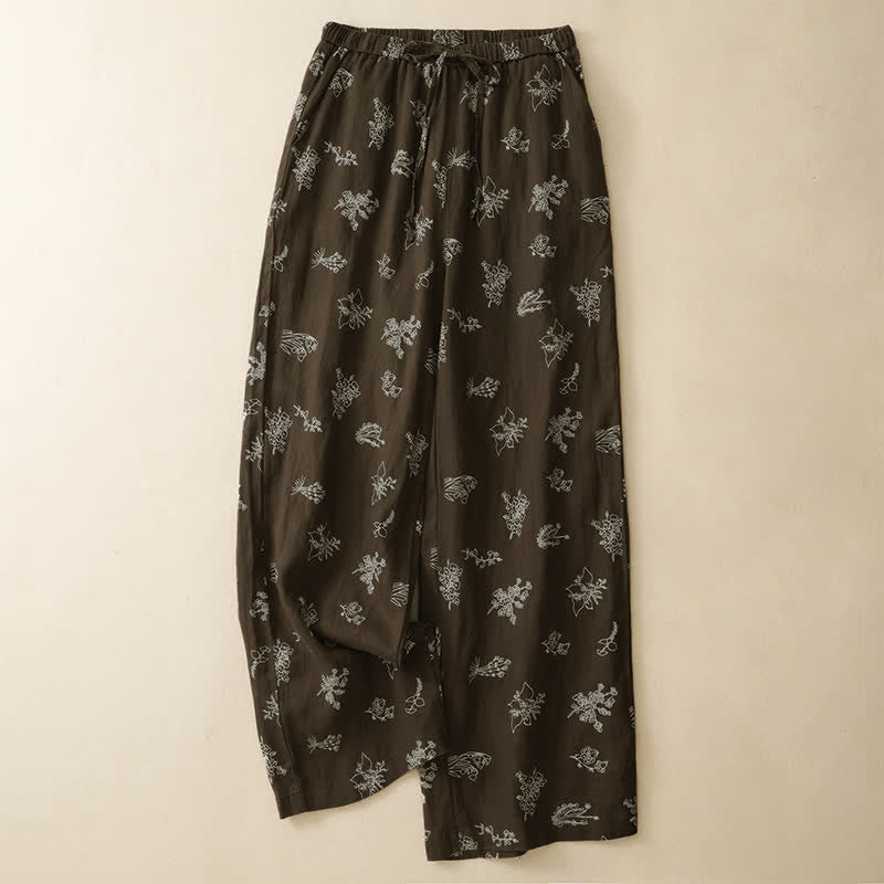 Buddha Stones Lässige Vintage-Sommerhose mit Blumenmuster, Kordelzug, weites Bein und Tasche - image 1