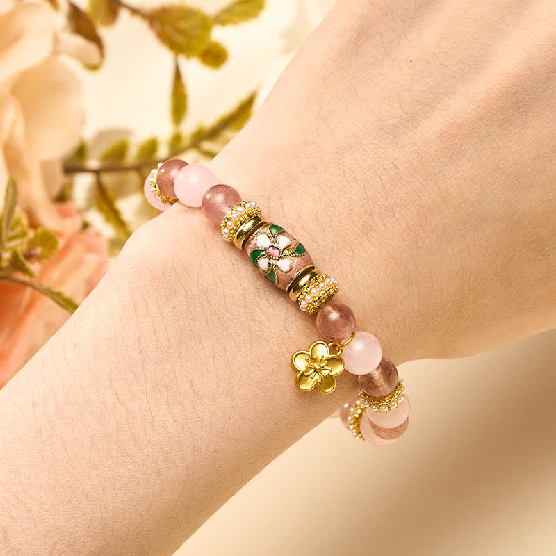 Buddha Stones Armband mit Anhänger aus natürlichem Erdbeerquarz und Rosenquarz, verziert mit Emailleblumen und einer polierten Perle - image 4