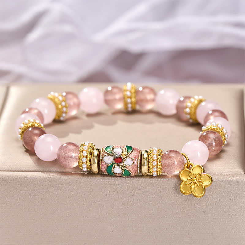 Buddha Stones Armband mit Anhänger aus natürlichem Erdbeerquarz und Rosenquarz, verziert mit Emailleblumen und einer polierten Perle - image 3