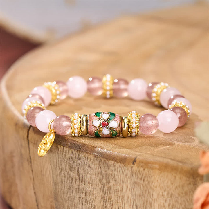 Buddha Stones Armband mit Anhänger aus natürlichem Erdbeerquarz und Rosenquarz, verziert mit Emailleblumen und einer polierten Perle - image 2