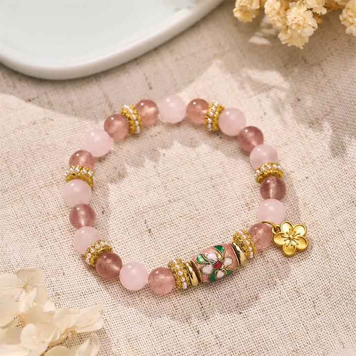 Buddha Stones Armband mit Anhänger aus natürlichem Erdbeerquarz und Rosenquarz, verziert mit Emailleblumen und einer polierten Perle - Erdbeerquarz Rosenquarz (Handgelenkumfang: 15–16 cm) - image 0
