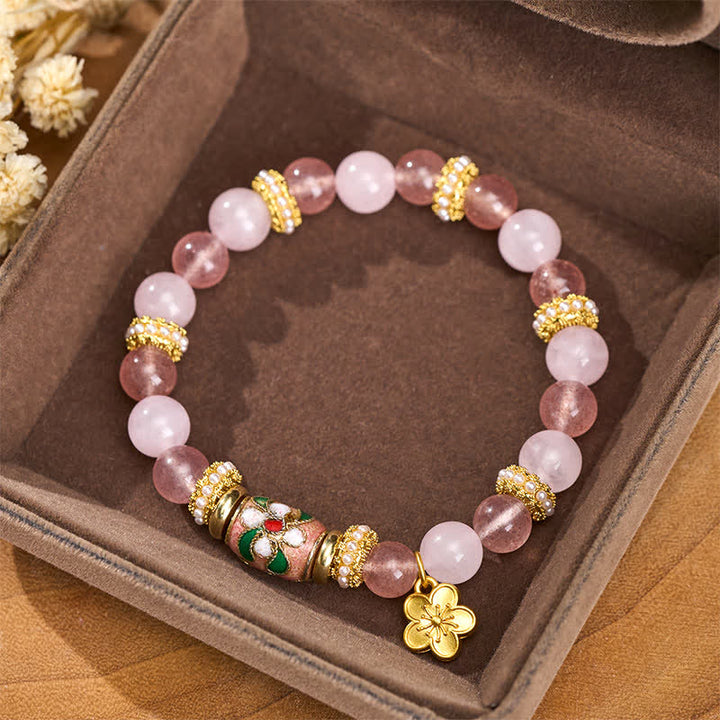 Buddha Stones Armband mit Anhänger aus natürlichem Erdbeerquarz und Rosenquarz, verziert mit Emailleblumen und einer polierten Perle - image 1
