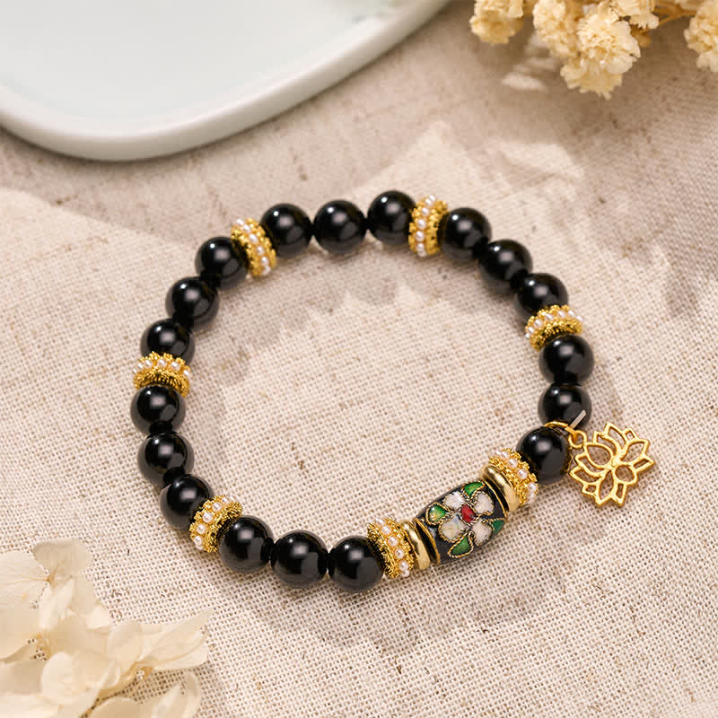 Buddha Stones Schwarzes Obsidian-Cloisonné-Emaille-Blumen-Lotus-Anhänger-Schutz-Rundperlen-Armband - Schwarzer Obsidian (Handgelenkumfang: 15–16 cm) - image 0