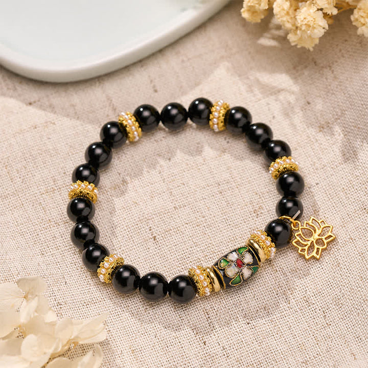 Buddha Stones Schwarzes Obsidian-Cloisonné-Emaille-Blumen-Lotus-Anhänger-Schutz-Rundperlen-Armband - Schwarzer Obsidian (Handgelenkumfang: 15–16 cm) - image 0