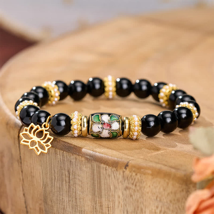 Buddha Stones Schwarzes Obsidian-Cloisonné-Emaille-Blumen-Lotus-Anhänger-Schutz-Rundperlen-Armband - image 2
