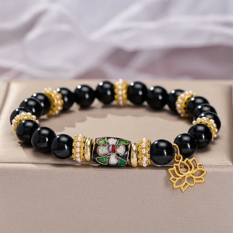 Buddha Stones Schwarzes Obsidian-Cloisonné-Emaille-Blumen-Lotus-Anhänger-Schutz-Rundperlen-Armband - image 3