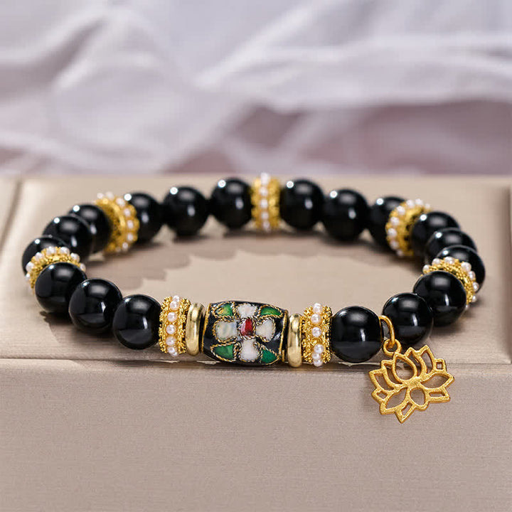 Buddha Stones Schwarzes Obsidian-Cloisonné-Emaille-Blumen-Lotus-Anhänger-Schutz-Rundperlen-Armband - image 3